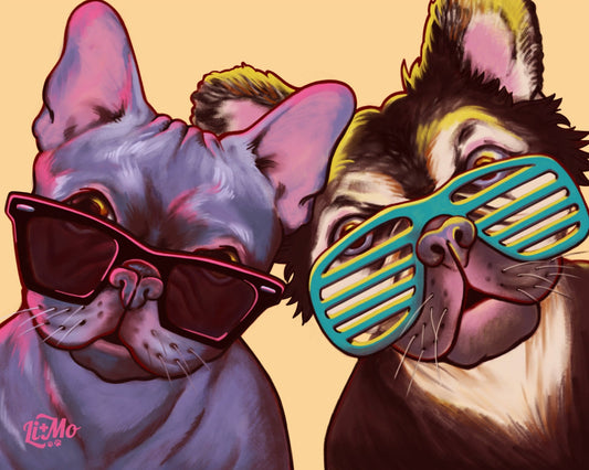 Colorful illustration of two French bulldogs named Lincoln and Monty, in sunglasses—one Lilac frenchie, Lincoln, in pink frames, one fluffy frenchie, Monty, in teal shutter shades.