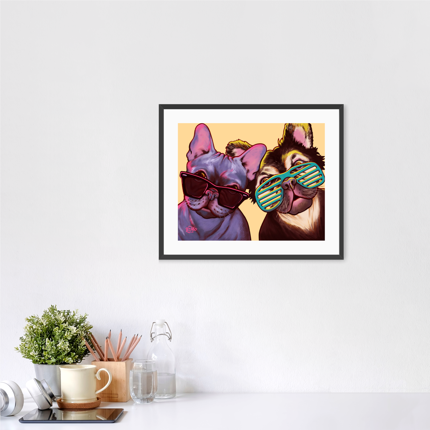 Cool 4 The Summer horizontal giclée print, 11x14, in a black frame, 14x17 approximate, on a wall above a white desk.