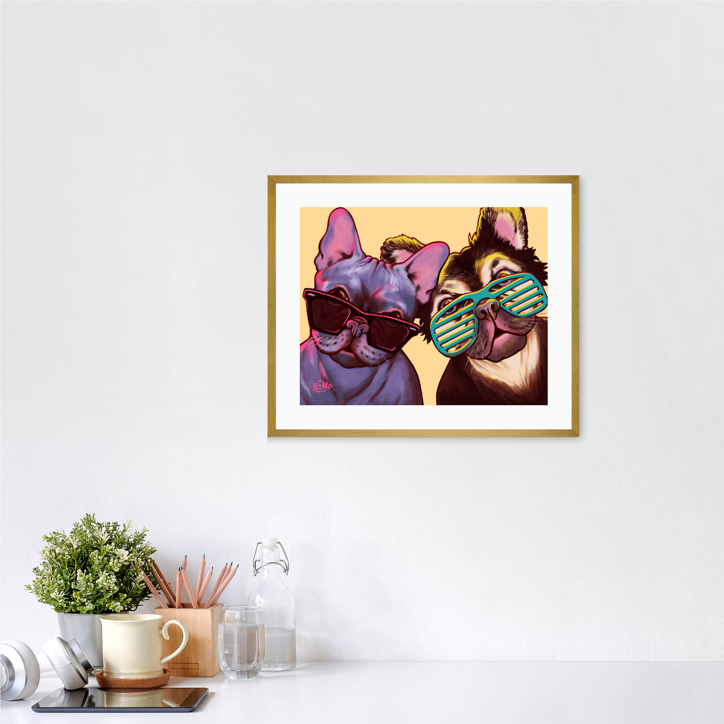 Cool 4 The Summer horizontal giclée print, 11x14, in a gold frame, 14x17 approximate, on a wall above a white desk.