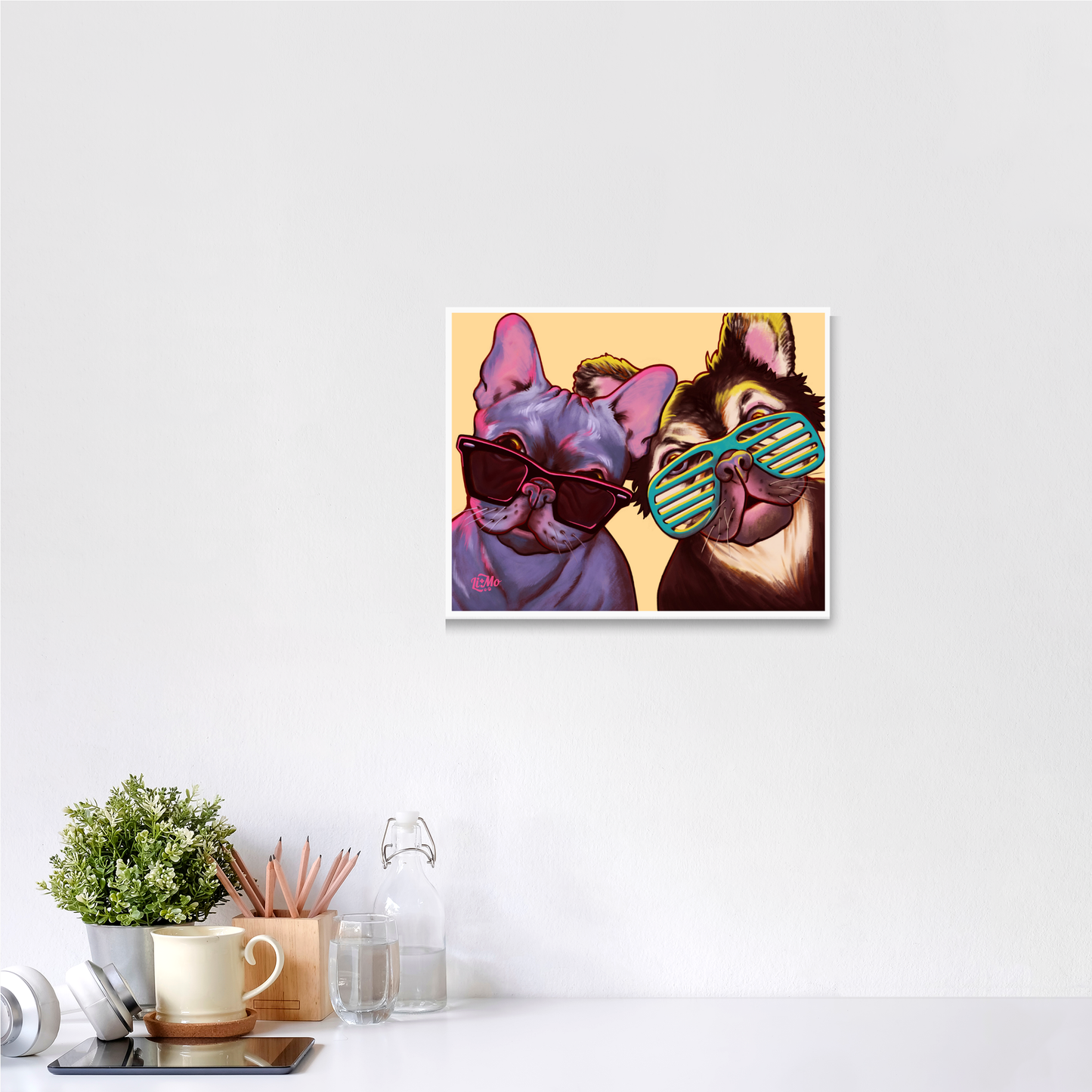 Cool 4 the Summer giclée print, 11x14, framed on a wall above a white desk with a mug and plant. Illustration is displayed in a horizontal format.