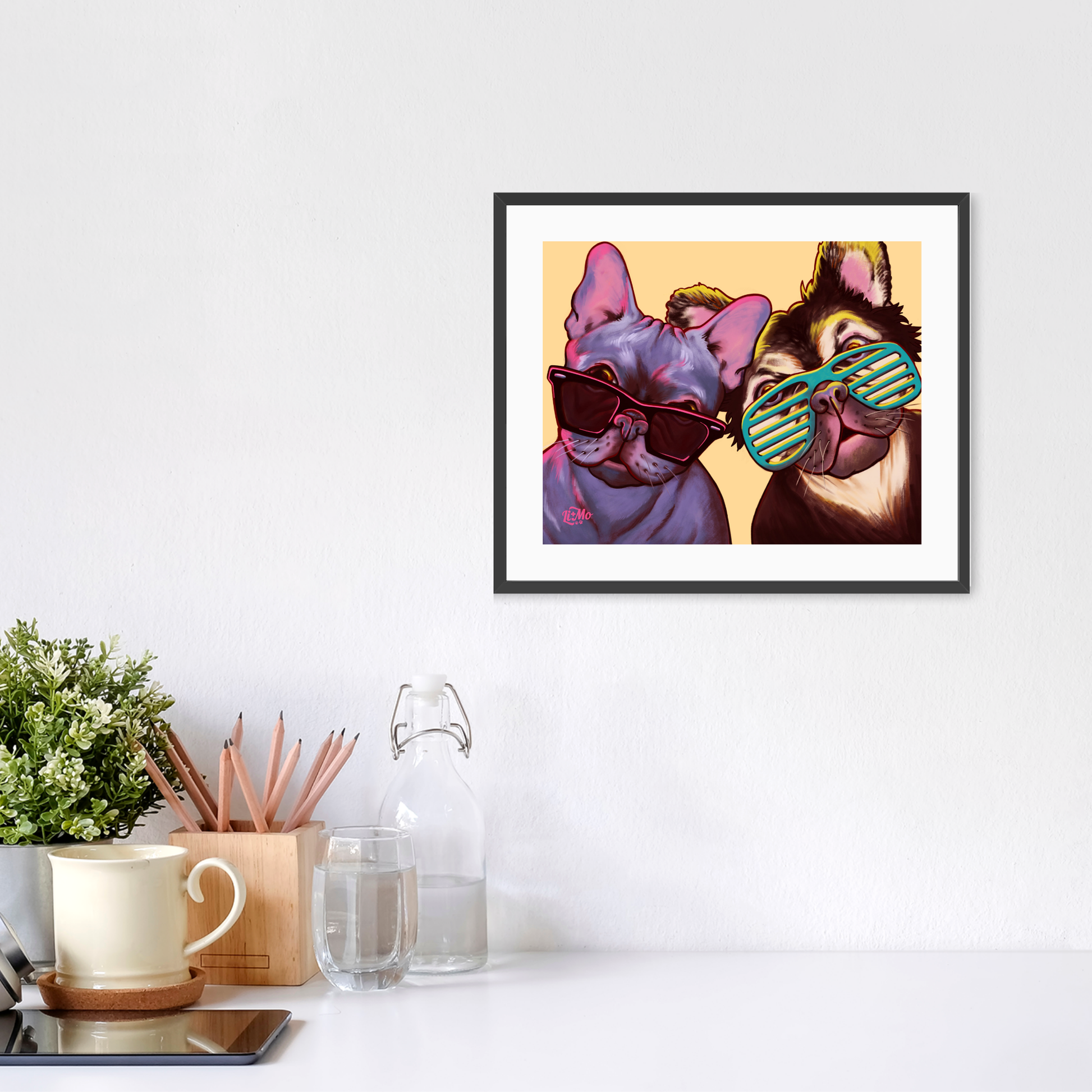 Cool 4 the Summer horizontal giclée print, 8x10, in a black frame, 11x13 approximate, on a wall above a white desk.