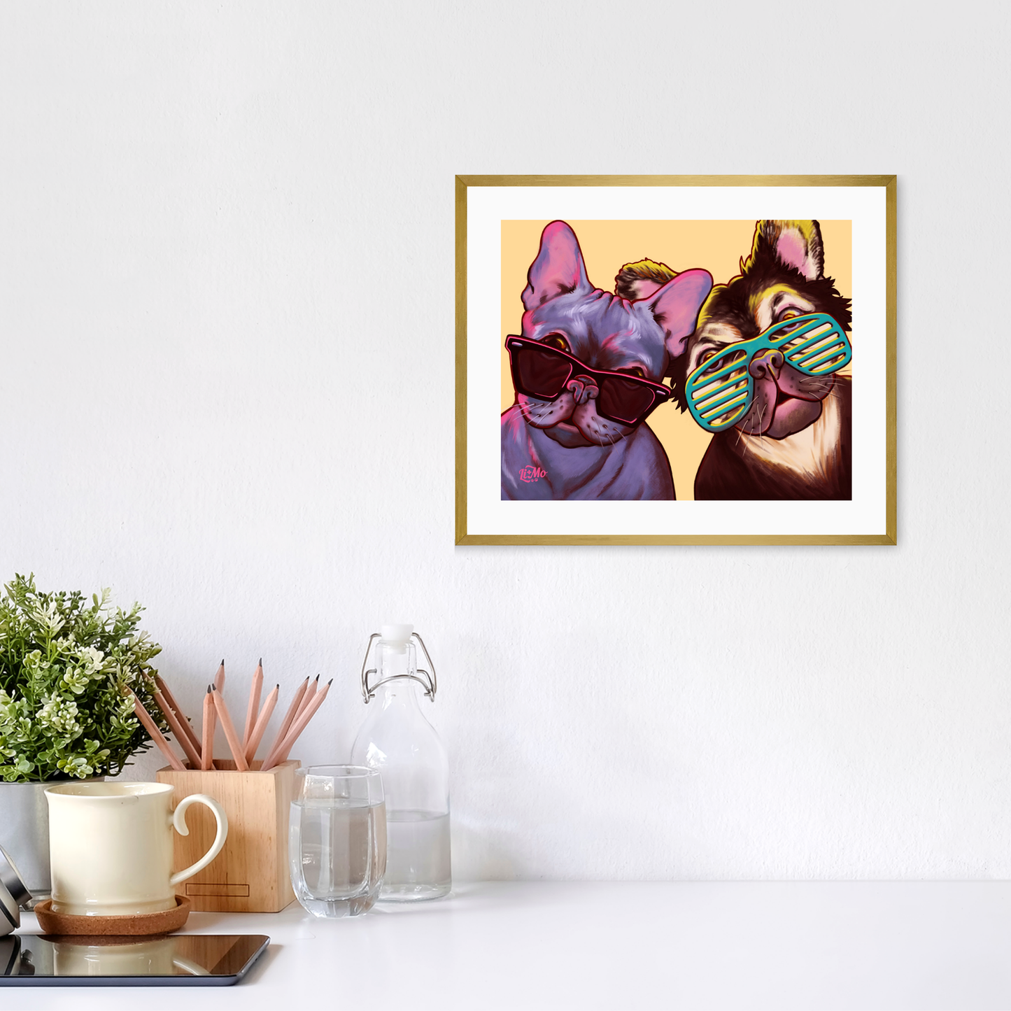 Cool 4 the Summer horizontal giclée print, 8x10, in a gold frame, 11x13 approximate, on a wall above a white desk.