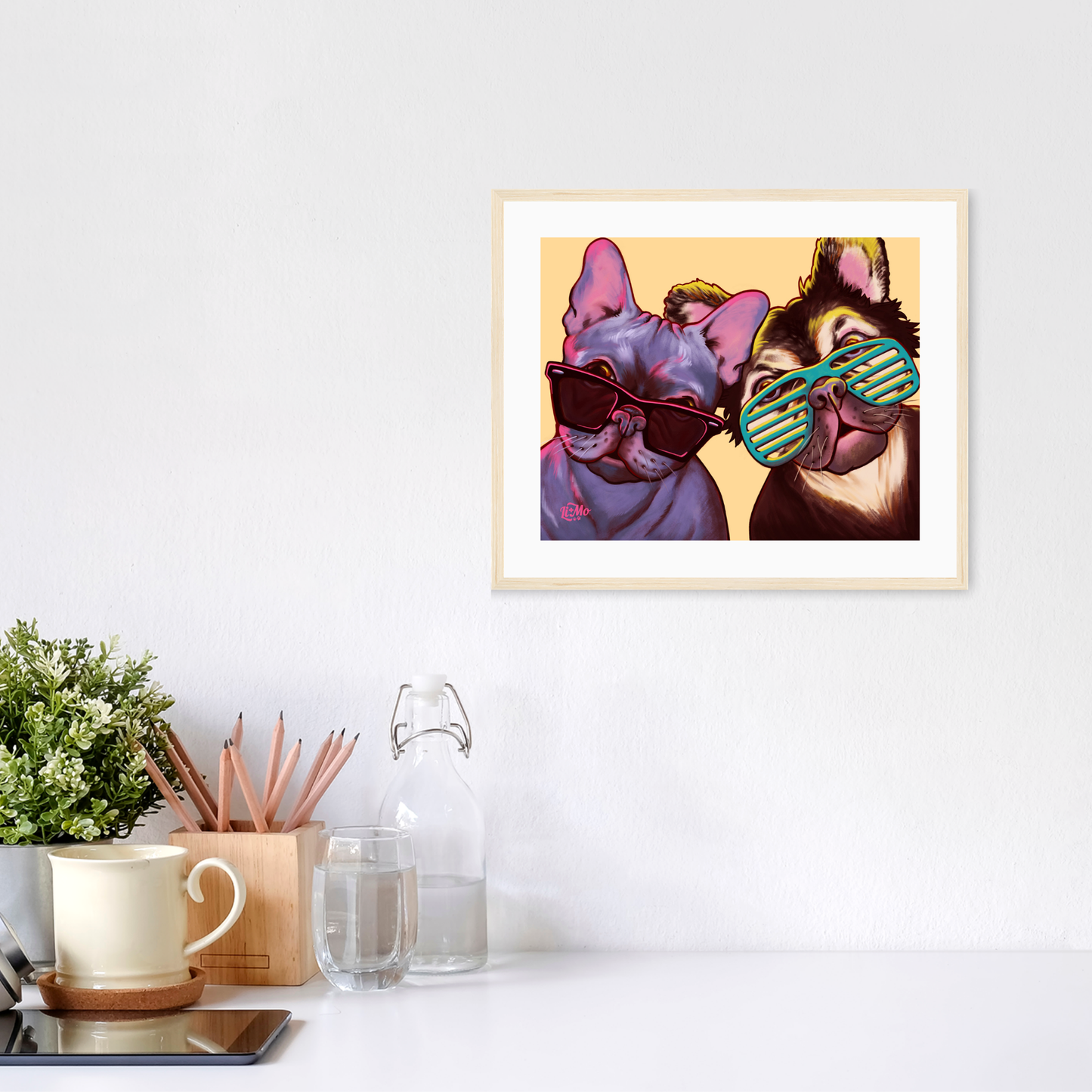 Cool 4 the Summer horizontal giclée print, 8x10, in a light colored natural wood frame, 11x13 approximate, on a wall above a white desk.