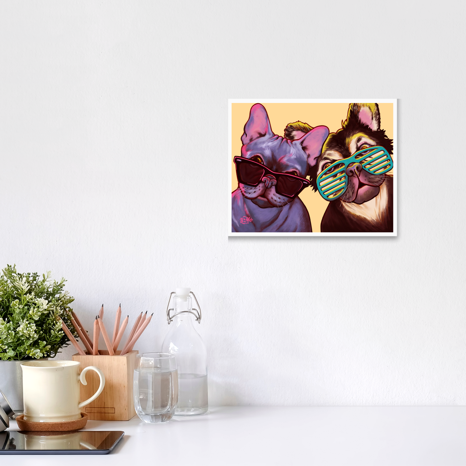 Cool 4 the Summer giclée print, 8x10, framed on a wall above a white desk with a mug and plant. Illustration is displayed in a horizontal format.