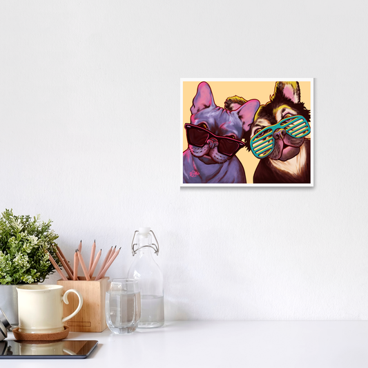 Cool 4 the Summer giclée print, 8x10, framed on a wall above a white desk with a mug and plant. Illustration is displayed in a horizontal format.
