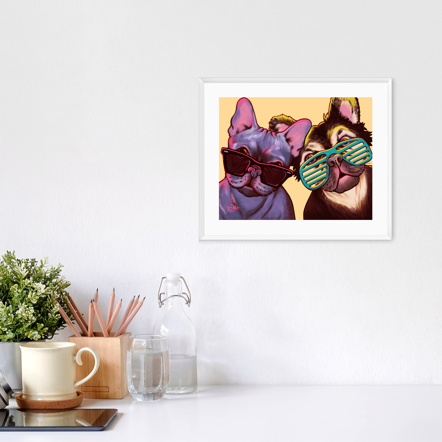 Cool 4 the Summer horizontal giclée print, 8x10, in a white frame, 11x13 approximate, on a wall above a white desk.