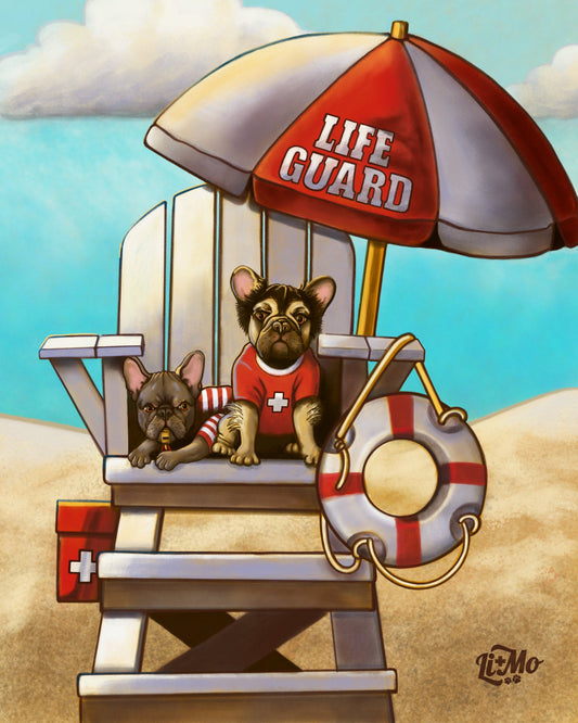 Illustration of two French bulldogs staffing a white wooden beach lifeguard chair. Monty, fluffy and tan, sits upright in a red lifeguard shirt with a white cross. Lincoln, small lilac-gray frenchie, lounges beside him with a gold whistle and a striped towel. A red-and-white LIFEGUARD umbrella shades them above turquoise ocean and pale sand.