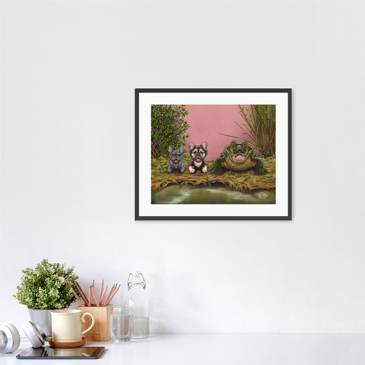 Feeling Snappy horizontal giclée print, 11x14, in a black frame, 14x17 approximate, on a wall above a white desk.