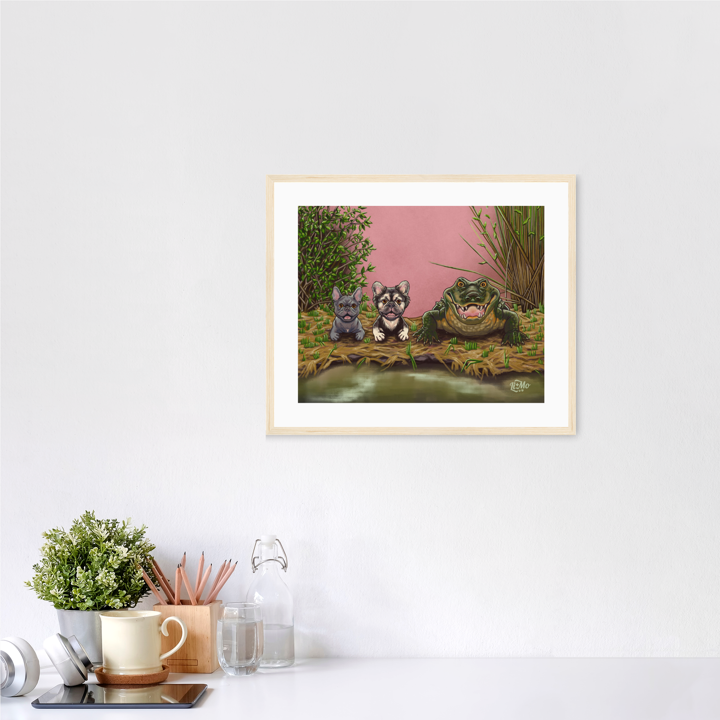 Feeling Snappy horizontal giclée print, 11x14, in a light colored natural wood frame, 14x17 approximate, on a wall above a white desk.