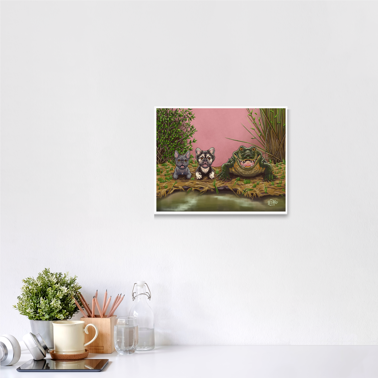 Feeling Snappy giclée print, 11x14, framed on a wall above a white desk with a mug and plant. Illustration is displayed in a horizontal format.