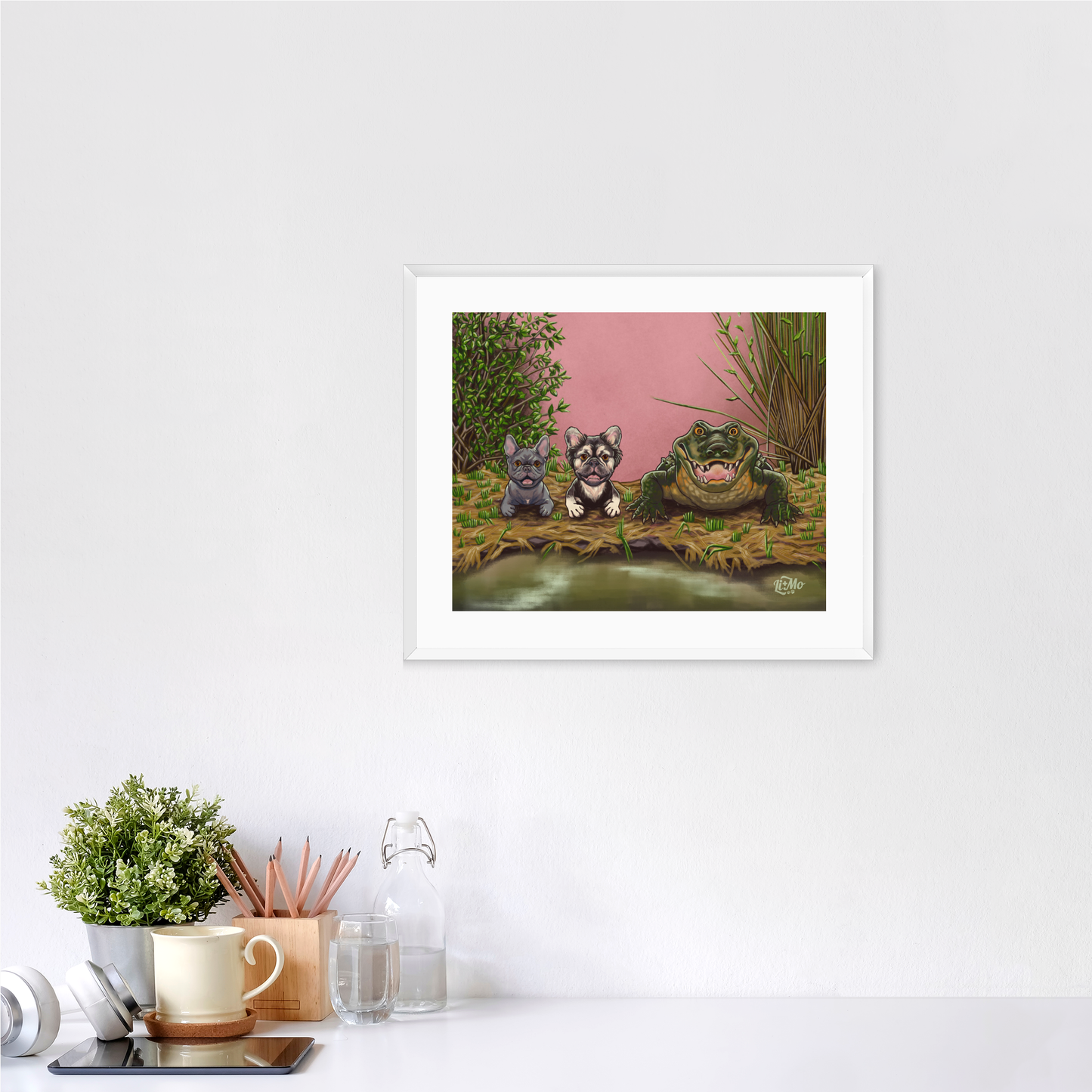 Feeling Snappy horizontal giclée print, 11x14, in a white frame, 14x17 approximate, on a wall above a white desk.