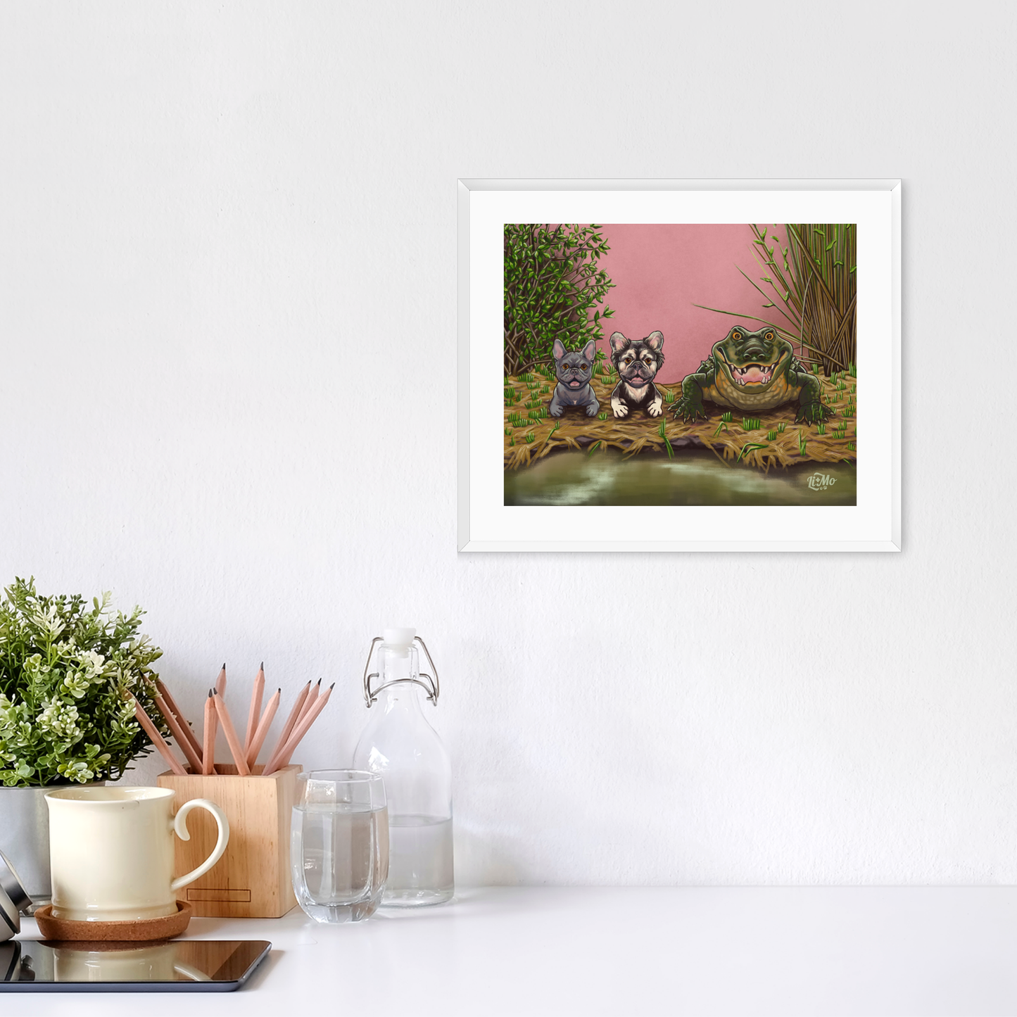 Feeling Snappy horizontal giclée print, 8x10, in a white frame, 11x13 approximate, on a wall above a white desk.