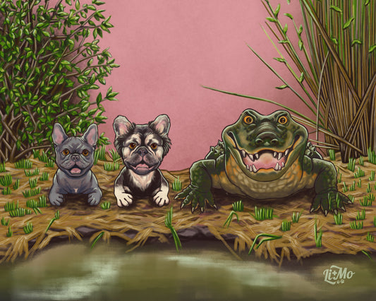 Illustration of French bulldogs Lincoln and Monty lying belly-down on a grassy riverbank beside a large grinning alligator, all three side by side in the same pose facing forward. Lincoln is a small lilac-gray frenchie, Monty is fluffy black and cream. Green reeds and leafy branches frame a dusty pink sky above still swamp water.