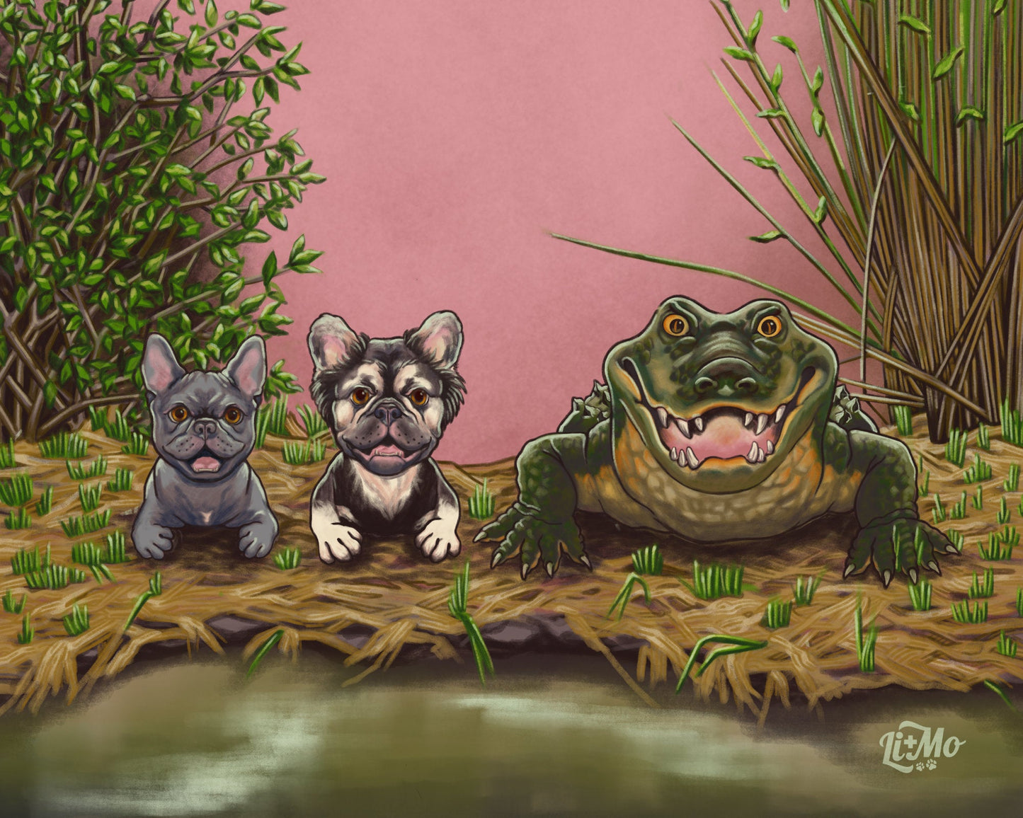 Illustration of French bulldogs Lincoln and Monty lying belly-down on a grassy riverbank beside a large grinning alligator, all three side by side in the same pose facing forward. Lincoln is a small lilac-gray frenchie, Monty is fluffy black and cream. Green reeds and leafy branches frame a dusty pink sky above still swamp water.